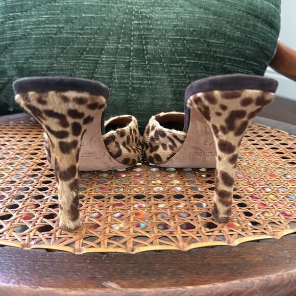 Madison Los Angeles Leopard Pony Hair Pointy Toe Open Back Heeled Mule Shoe - Picture 4 of 7